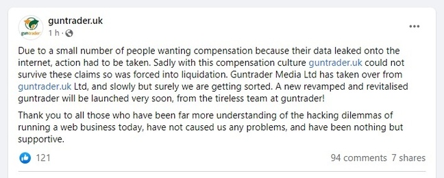 Guntrader's post blaming 'compensation culture' for liquidation of its original company