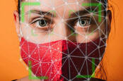 Illustration of a facial recognition system working on a person wearing a red mask