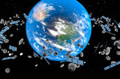 Illustration of Earth's orbit filled with satellites