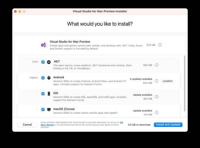 Install options for Visual Studio 2022 for the Mac