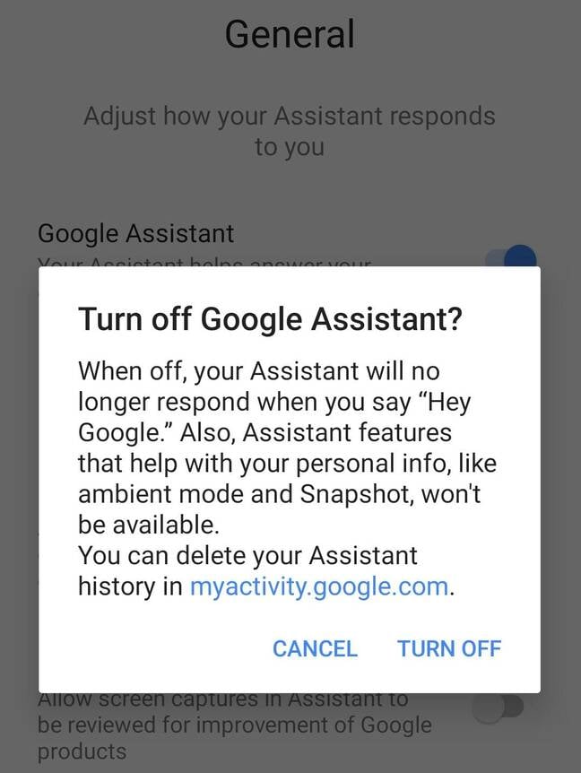 Google warns of loss of features with Assistant is off