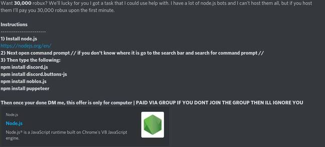 Screenshot of Discord solicitation to install malicious packages