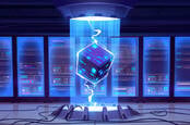 Illustration of a cube hung in a data center: it represents weird but cool new technology