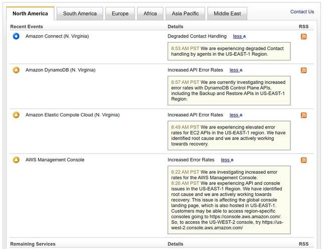 The AWS status report for North America showing problems with key services