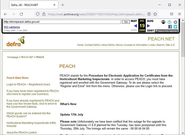 Capture d'écran de l'Internet Archive de juillet 2006 de PEACH de Defra