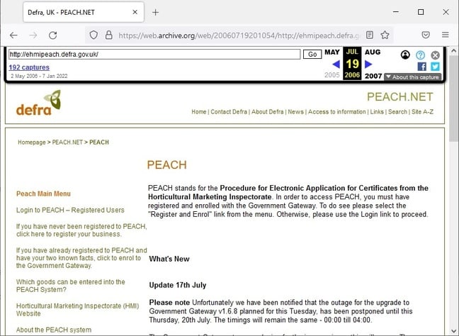 The Internet Archive's July 2006 screenshot of Defra's PEACH The Internet Archive's July 2006 screenshot of Defra's PEACH
