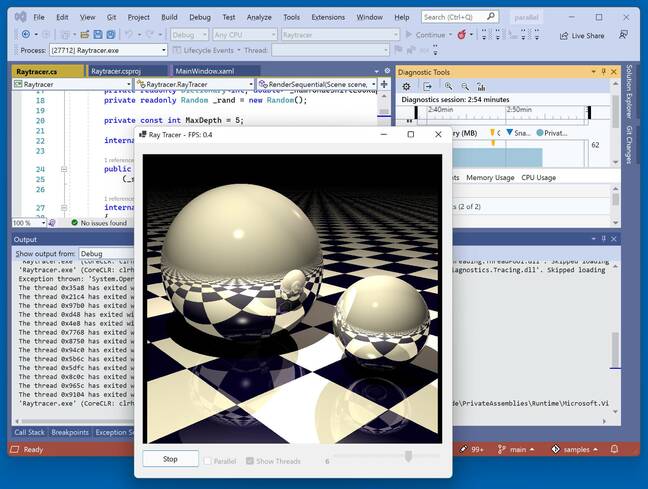 Debugging a C# ray tracing application in Visual Studio