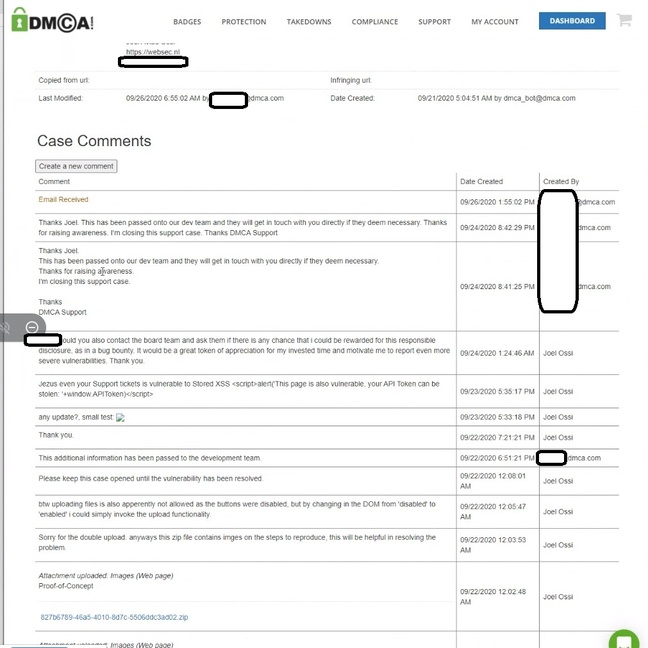 Support tickets raised by Ossi with DMCA-dot-com's helpdesk