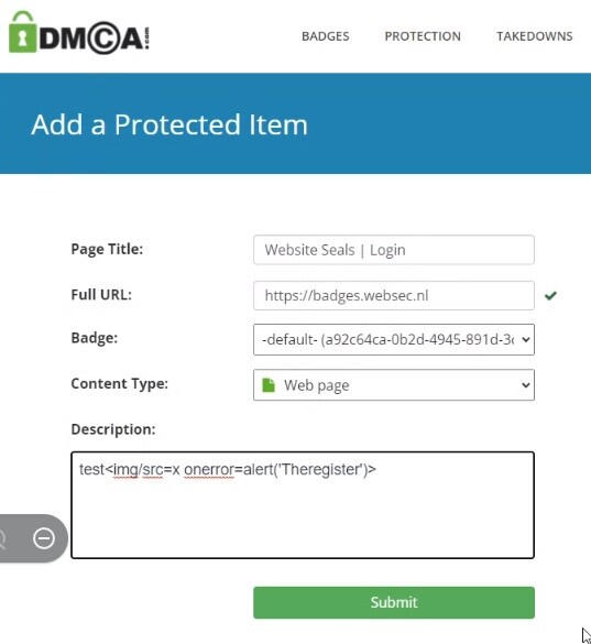 The code needed to invoke a simple XSS on DMCA-dot-com