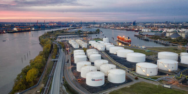 HAMBURG – OCT 31: Oiltanking Tank Farm. October 31, 2018 in Hamburg, Germany. Oiltanking is a operator of tank terminals worldwide. Aerial view of the tank farm in the harbor of Hamburg.