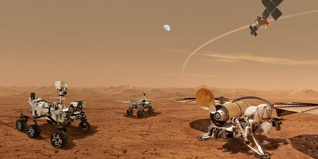 NASA illustration of a Mars sample retrieval mission in action.  Credit NASA / ESA / JPL-Caltech.