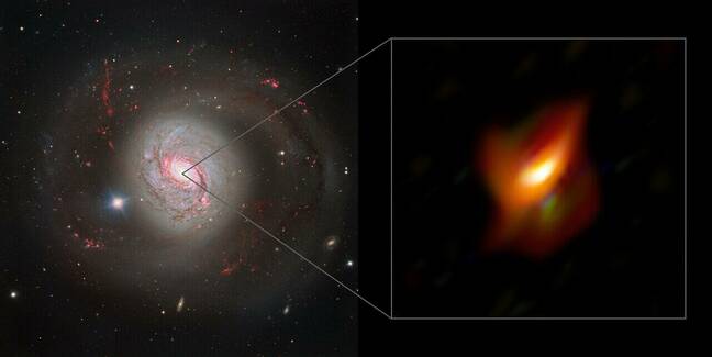 Left: dazzling view of the active galaxy Messier 77 captured with the FOcal Reducer and low dispersion Spectrograph 2 (FORS2) instrument on ESO’s Very Large Telescope. The right panel shows a blow-up view of the very inner region of this galaxy, its active galactic nucleus. Credit: ESO/Jaffe, Gámez-Rosas et al.