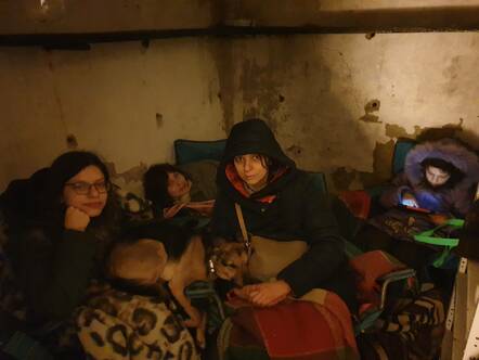 Victor Shepelev's family in the basement/shelter on the third day of war when Kharkiv was heavily bombed
