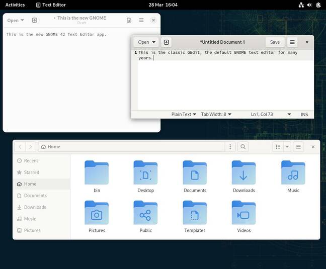 A screenshot of the GNOME 42 desktop showing inconsistent visual themes