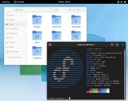 Fedora 36 default desktop showing Nautilus and Neofetch