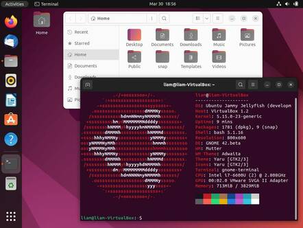 Pre-release Ubuntu 22.04 GNOME desktop showing Nautilus and neofetch