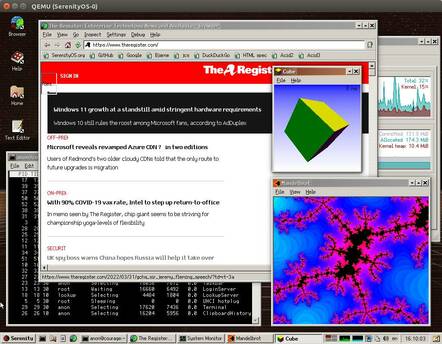 The SerenityOS desktop showing a browser window, a terminal and a couple of demo apps