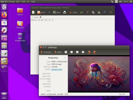 Ubuntu Unity 22.04 montrant le bureau Unity et quelques accessoires MATE