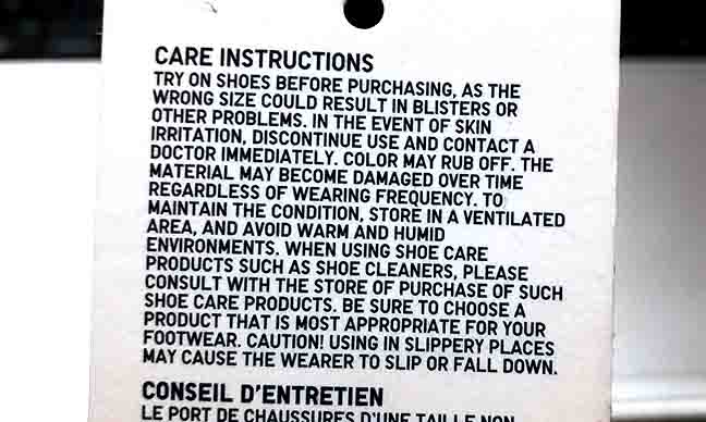 Photo of an instruction card included with a pair of new shoes