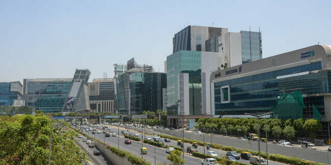 aerial view of the business district of Cybercity Gurugram, near New Delhi