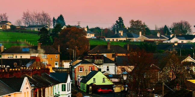 Aerial view of small town Cashel in Tipperary County of Ireland - the census is taken every 5 years and the 2021 census was put off until April 2022 due to COVID. Results are still being collated.