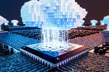 Digital illustration of a blocky binary-covered cloud raining on chips