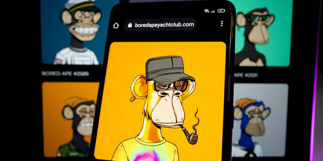 NFT digital art seen on smartphone. Bored Ape Yacht Club (or BAYC) is the collection of the most expensive NFTs