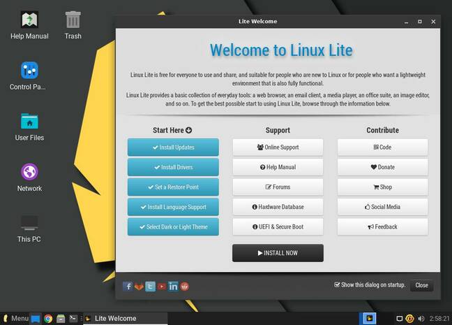 Linux Lite 6 tiene un escritorio limpio y colorido y una pantalla de bienvenida amigable