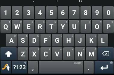Swype's main keyboard, showing symbols in smaller, fainter text