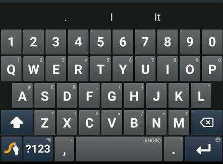 Swype's main keyboard, showing symbols in smaller, fainter text