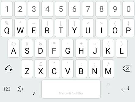Swiftkey's main keyboard (with optional numbers row). Note that open and close parentheses are the last two entries in the first row.