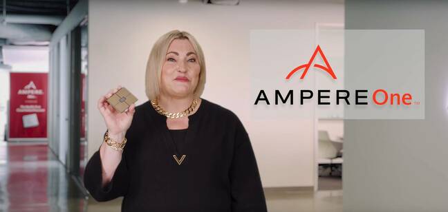 A photo of Ampere CEO Renee James showing off the startup's upcoming Ampere One CPU.