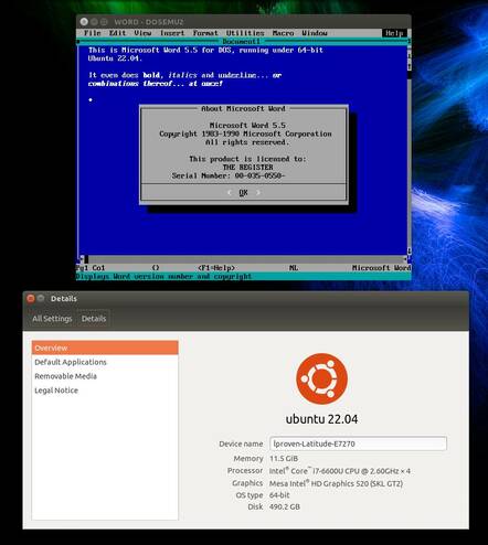 Word 5.5 also runs fine under dosemu2, here shown on the latest 64-bit Ubuntu.