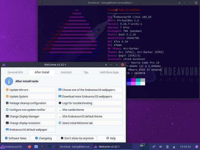 EndeavourOS Artemis comes with a neatly configured Xfce desktop, themed in purple