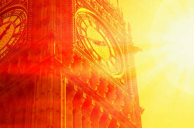 Illustration of Big Ben in London with intense sun on it