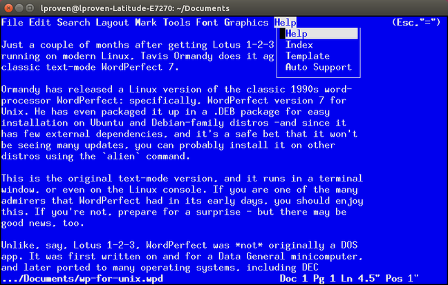 WordPerfect 7 for UNIX, running perfectly happily in a Linux terminal in 2022
