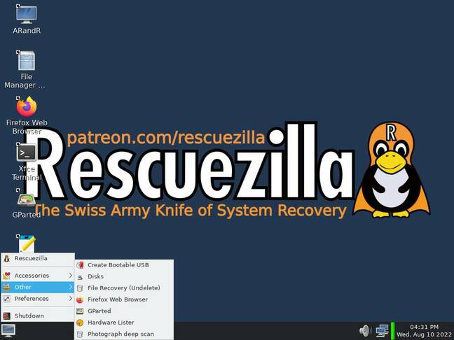 There are lots of screenshots of Rescuezilla's main screen on the website, but more useful tools lie within its start menu, too.