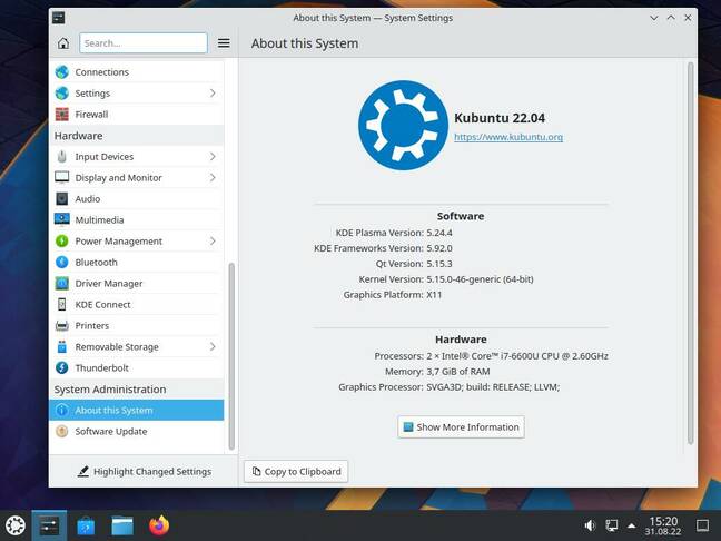 Kubuntu 22.04 ships with KDE Plasma 5.24, the current LTS release of the desktop