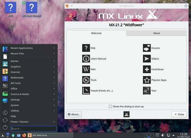 There is also a KDE variant, with a slightly more standard desktop layout. It's perfectly acceptable but KDE remains too cluttered for us.