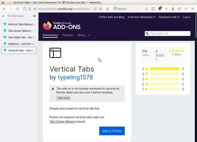 There are multiple vertical tabs add-ons for Firefox so you can choose based on the features you want