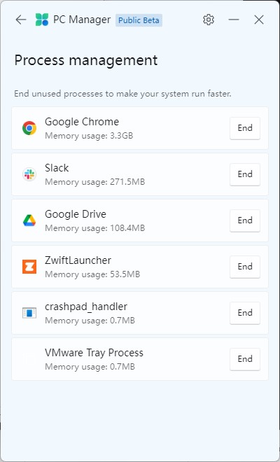 Microsoft PC Manager process management screen