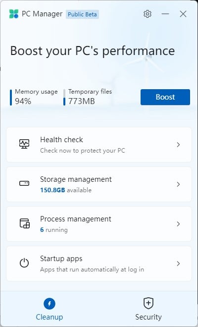 Microsoft PC Manager Start Screen