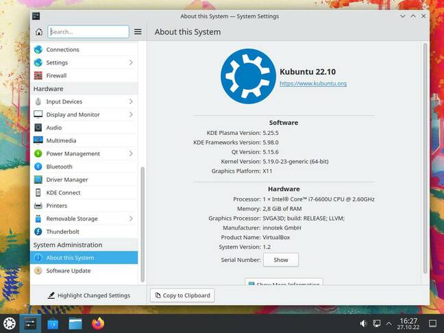 Kubuntu 'Kinetic' with the stock version of Plasma it ships with, 5.25.5, which is already past end of life and won't get any more bug fixes. Kubuntu 'Kinetic' with the stock version of Plasma it ships with, 5.25.5, which is already past end of life and won't get any more bug fixes.
