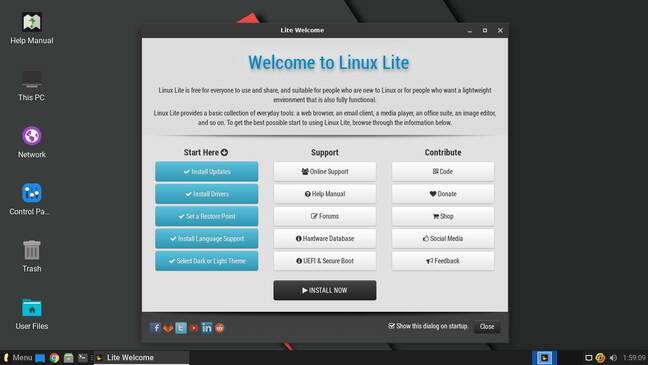 Linux Lite 6.2's Welcome screen offers to install the OS, even if it's already installed.