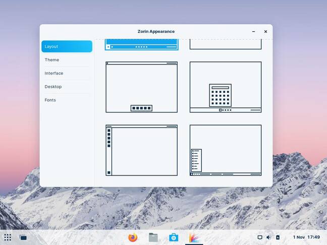 The 'Zorin Appearance' app lets you choose from half a dozen pre-defined layouts, reshaping GNOME or Xfce into various other OSes' layouts The 'Zorin Appearance' app lets you choose from half a dozen pre-defined layouts, reshaping GNOME or Xfce into various other OSes' layouts