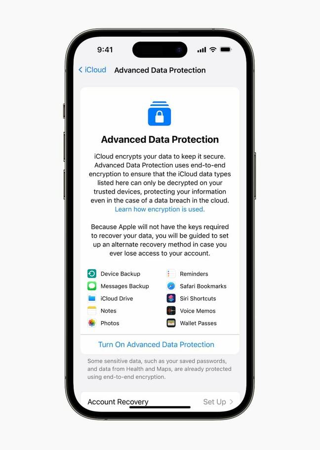 Capture d'écran de la protection avancée des données Apple