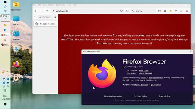 Firefox 108, and yes, that really is Windows 11 with a vertical taskbar. Firefox 108, and yes, that really is Windows 11 with a vertical taskbar.