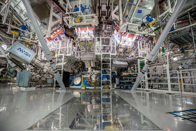 The target chamber of LLNL’s National Ignition Facility, where 192 laser beams delivered more than 2 million joules of ultraviolet energy to a tiny fuel pellet to create fusion ignition on Dec. 5, 2022