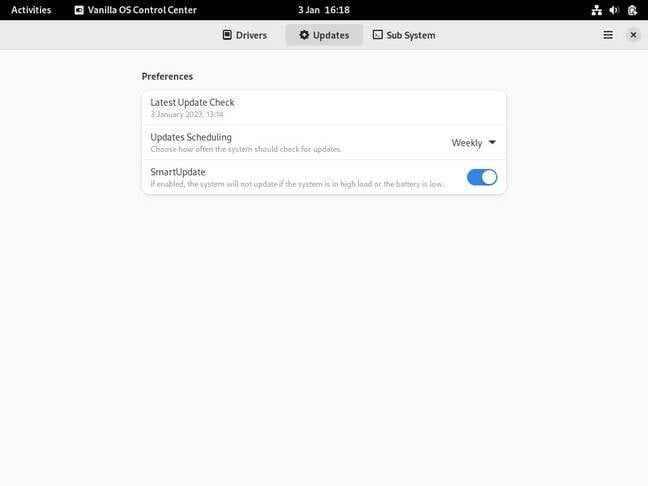 A visible sign of how Vanilla OS is not like other Ubuntus is the new Control Center app, a central place for driver and update handling A visible sign of how Vanilla OS is not like other Ubuntus is the new Control Center app, a central place for driver and update handling