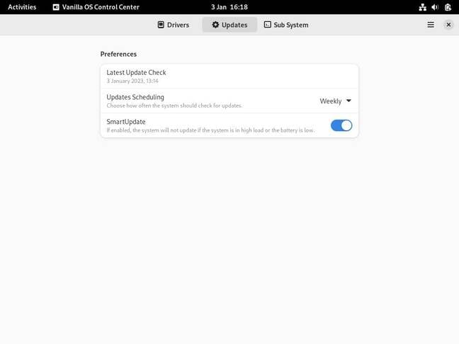 A visible sign of how Vanilla OS is not like other Ubuntus is the new Control Center app, a central place for driver and update handling